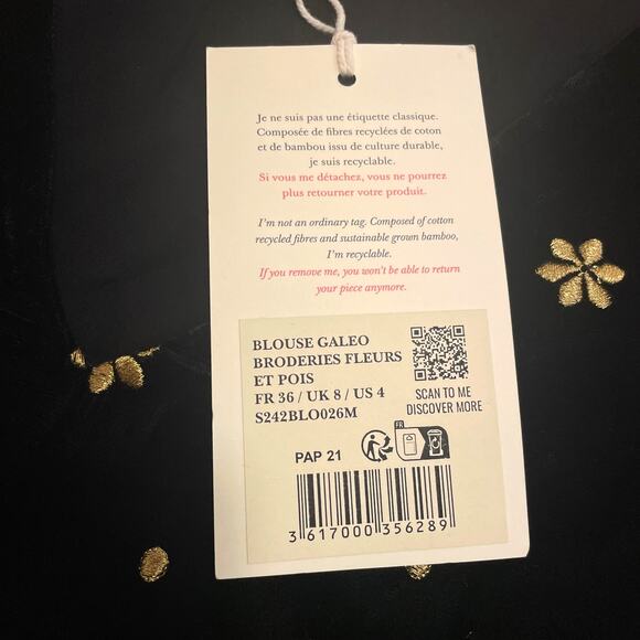 Sézane 36 Galeo Velvet Blouse | Black Gold Embroidered Flowers, US 4 S, NWT - Picture 7 of 15